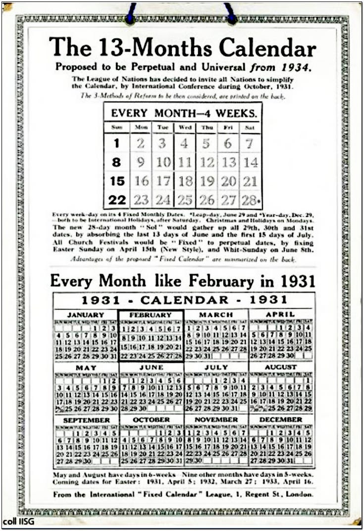 proposed perpetual 28 day calendar 1934