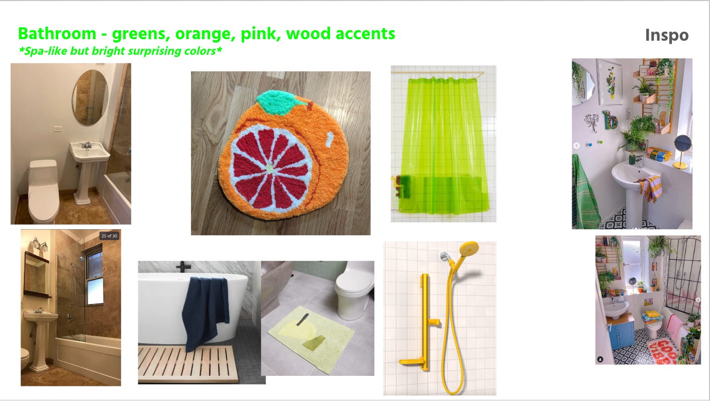A mood board pulled from Google Slides that shows furniture like a lime green shower curtain, yellow shower head, and orange tufted rug. There are also images of Nathalie's empty bathroom