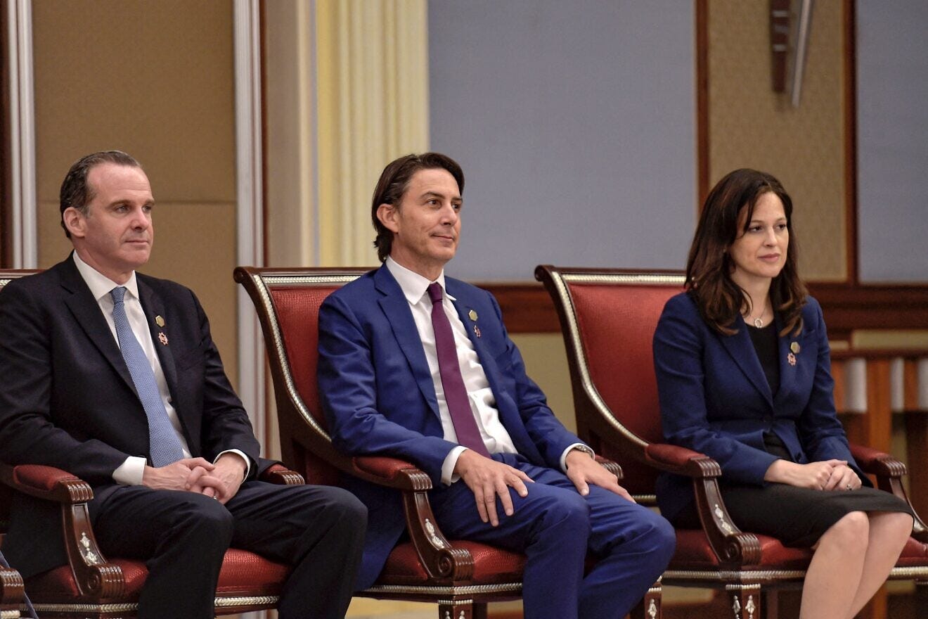 (L to R) Brett McGurk, US National Security Council coordinator for the Middle East and North Africa; Amos Hochstein, the US Senior Advisor for Energy Security; and Anne Neuberger, the US Deputy National Security Advisor for Cyber and Emerging Technology, attend an investment agreement signing ceremony between the US and Saudi Arabia in the Red Sea coastal city of Jeddah on July 15, 2022. Photo by Amer Hilabi/AFP via Getty Images. (L to R) Brett McGurk, US National Security Council coordinator for the Middle East and North Africa; Amos Hochstein, the US Senior Advisor for Energy Security; and Anne Neuberger, the US Deputy National Security Advisor for Cyber and Emerging Technology, attend an investment agreement signing ceremony between the US and Saudi Arabia in the Red Sea coastal city of Jeddah on July 15, 2022. Photo by Amer Hilabi/AFP via Getty Images.