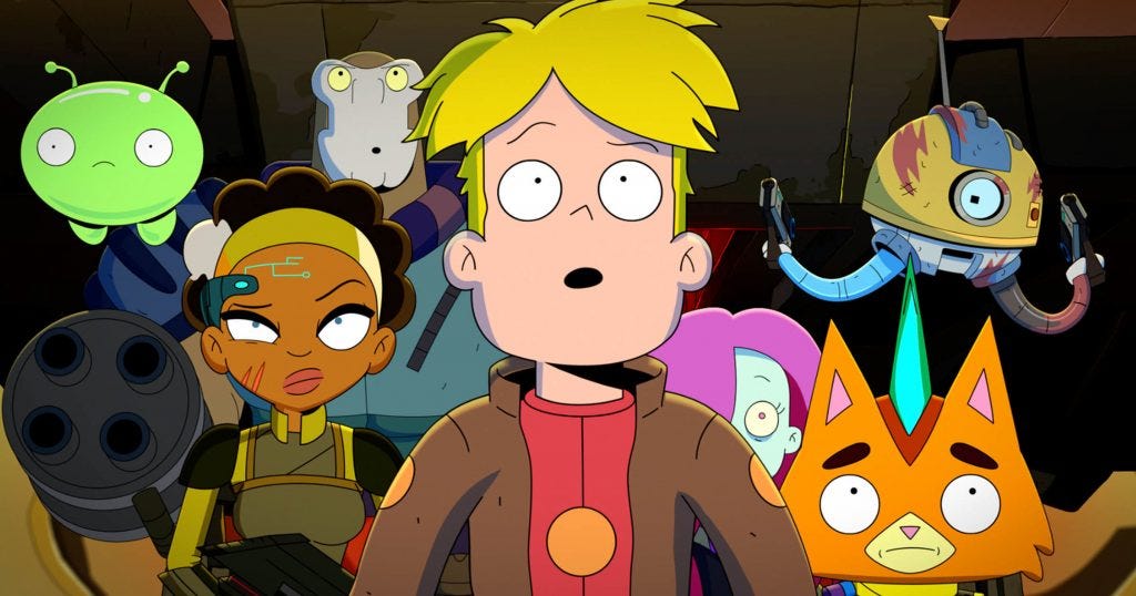 Image of Gary, a blond haired white man, and his crew from Final Space.