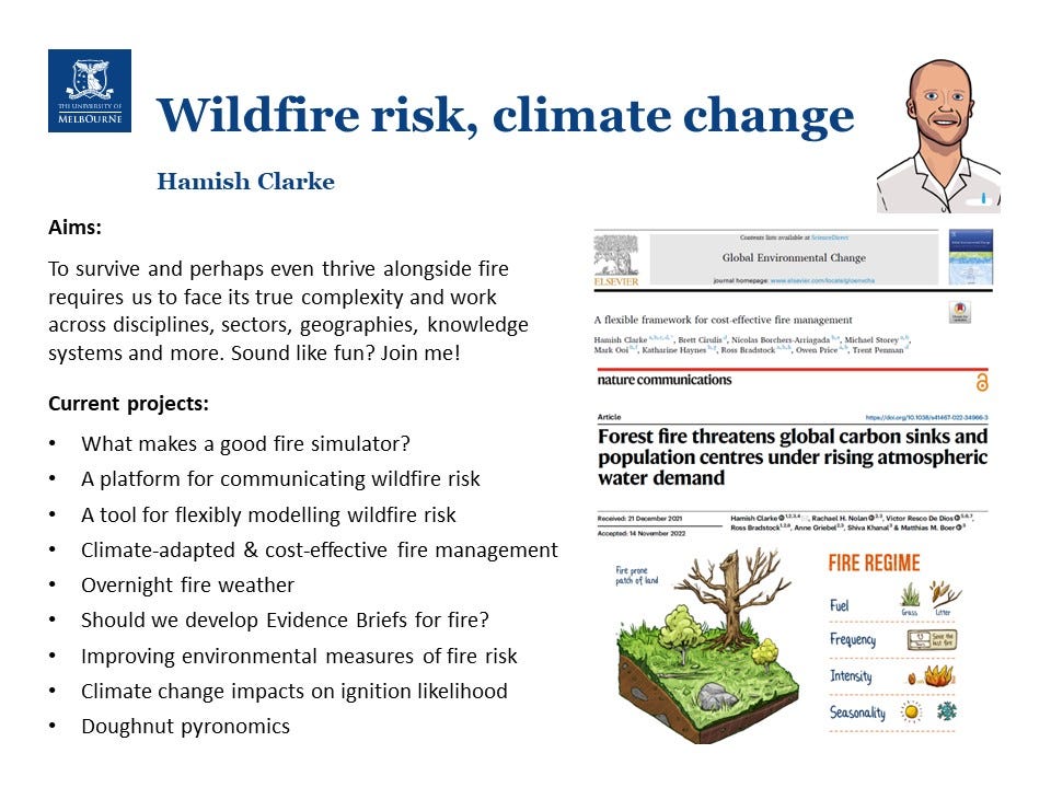 A powerpoint slide with Future Fire's research interests and screenshots from a couple of papers