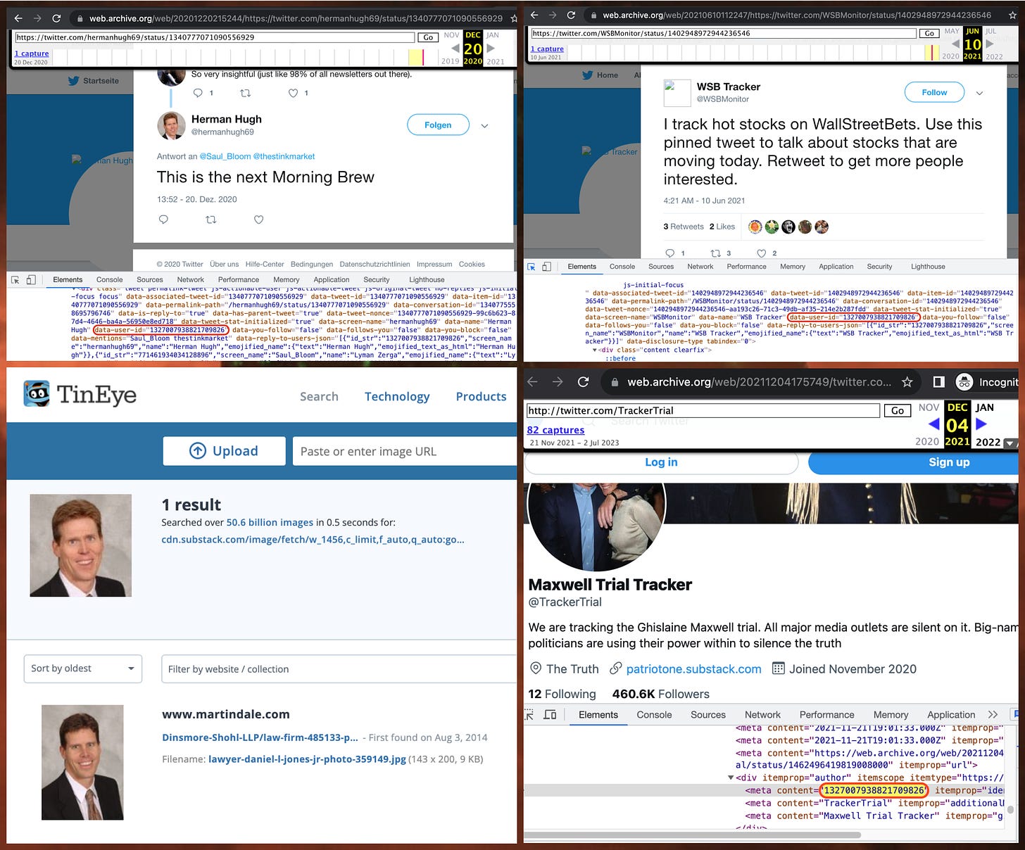 Wayback Machine screenshots of the previous handles used by the @TrackerTrial account