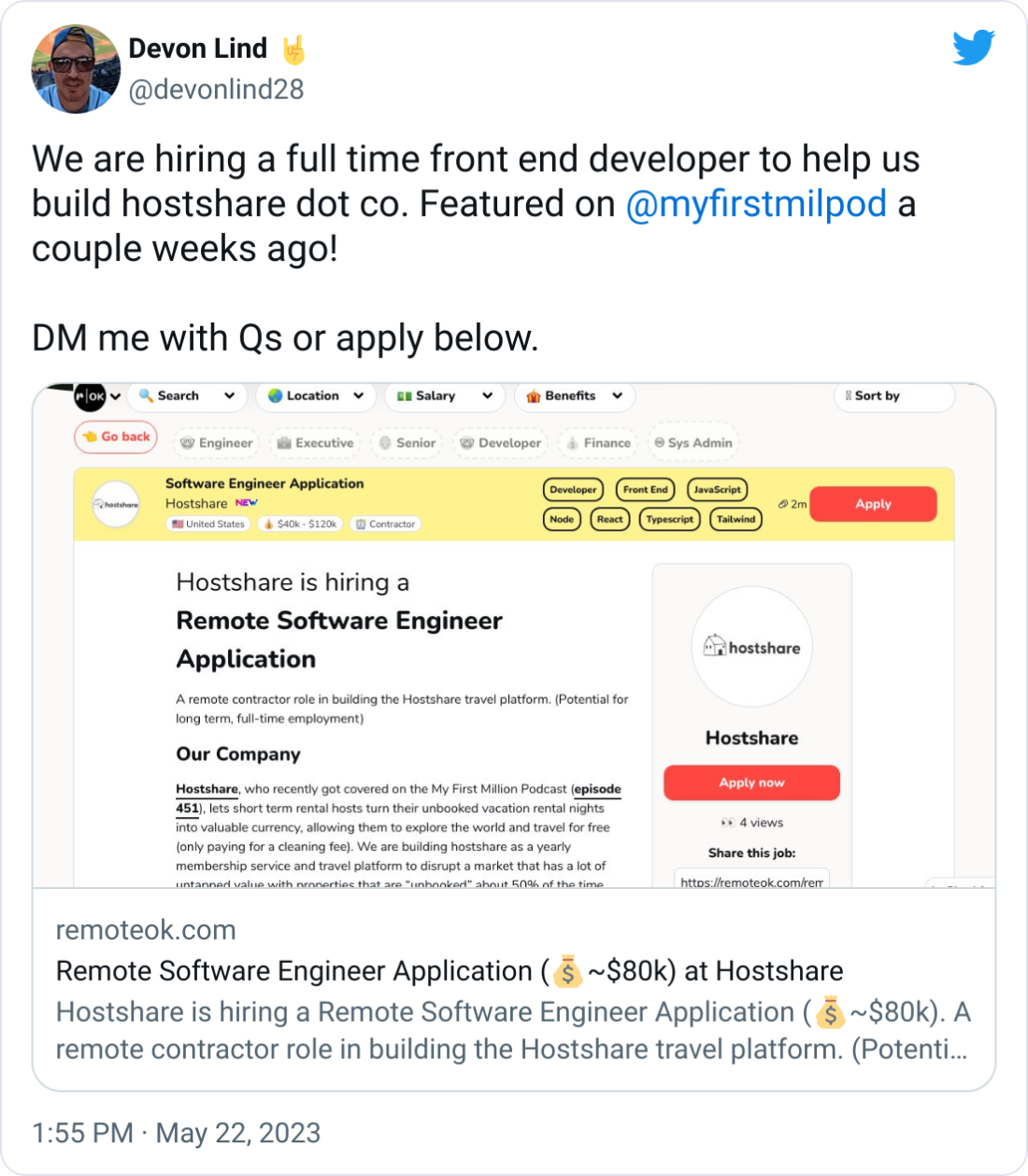 Devon Lind 🤘 @devonlind28 We are hiring a full time front end developer to help us build hostshare dot co. Featured on  @myfirstmilpod  a couple weeks ago!  DM me with Qs or apply below.
