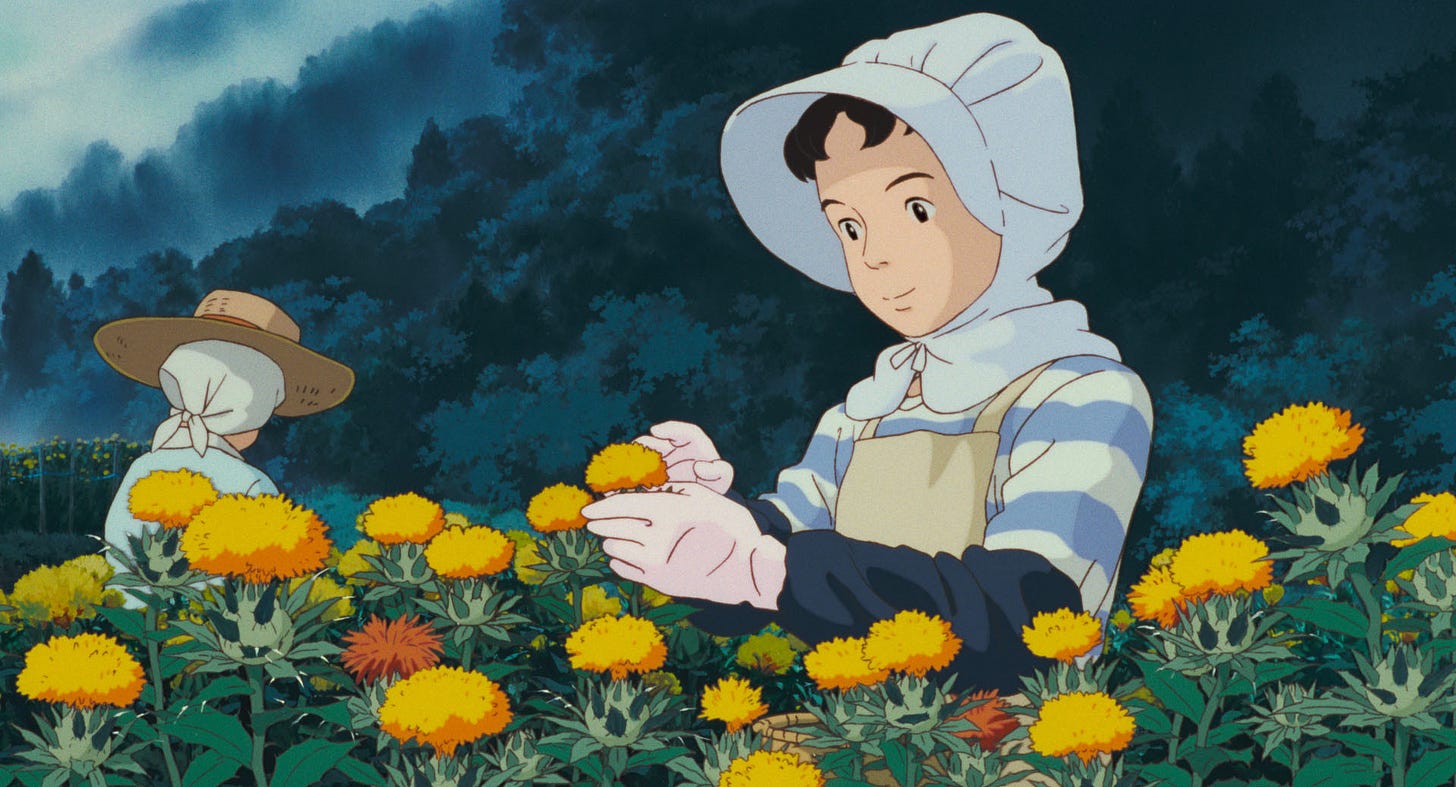 a young woman works in the field picking marigolds, handrawn animation from hayao miyazaki