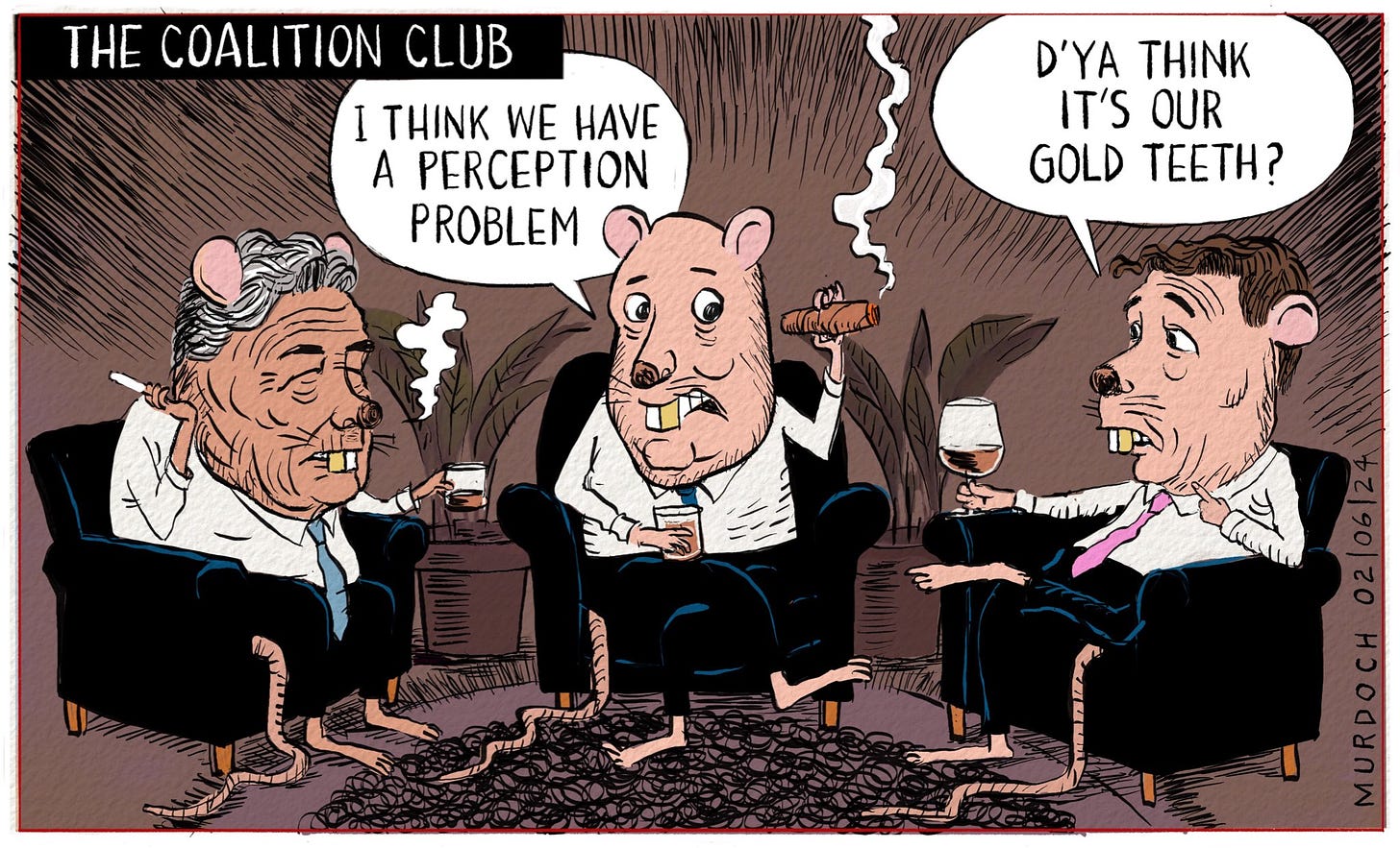 Cartoon of the Coalition leaders as wealthy rats worried about their perception.