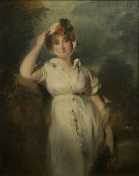 A three-quarter length portrait of a woman standing and facing, with her right arm raised to her head and resting on a bank. She wears a white short-sleeved dress and bonnet with flowers and holds a scarf in her right hand.