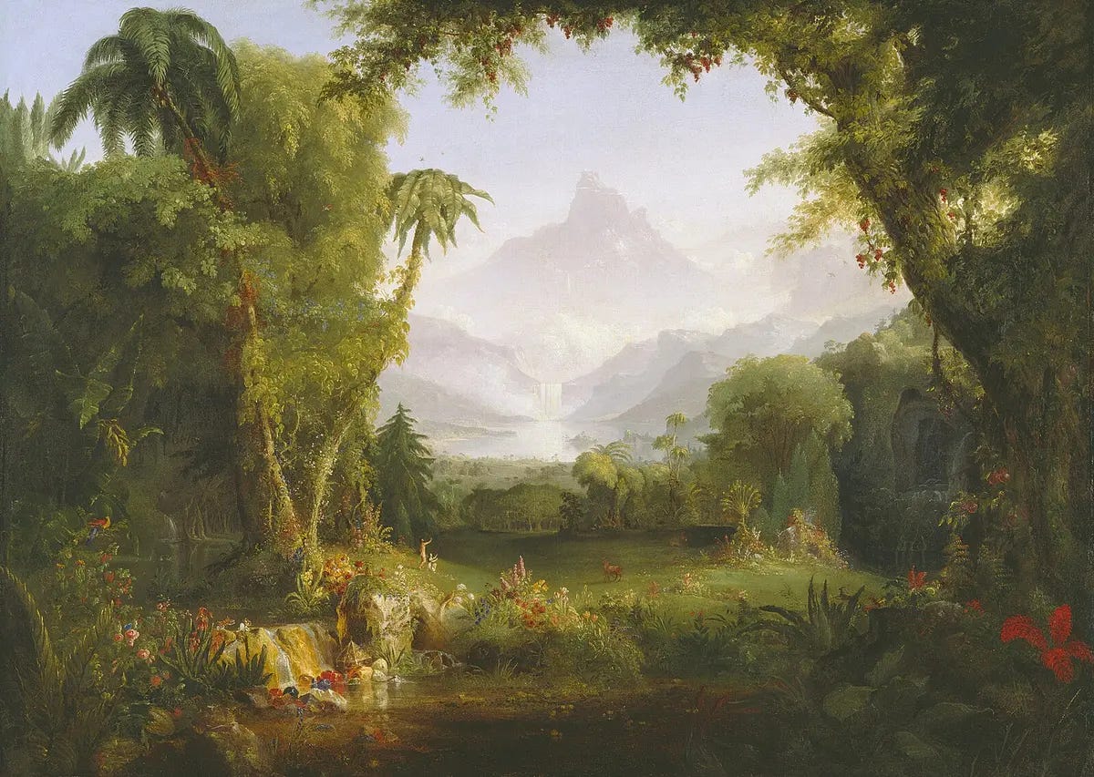 "The Garden of Eden," 1828, By Thomas Cole. Oil on canvas; 38 1/2 inches by 52 3/4 inches. Amon Carter Museum of American Art, Fort Worth, Texas. Hopkins captures the bliss of the Edenic state in his depiction of spring. (Public Domain) "The Garden of Eden," 1828, By Thomas Cole. Oil on canvas; 38 1/2 inches by 52 3/4 inches. Amon Carter Museum of American Art, Fort Worth, Texas. Hopkins captures the bliss of the Edenic state in his depiction of spring. (Public Domain)