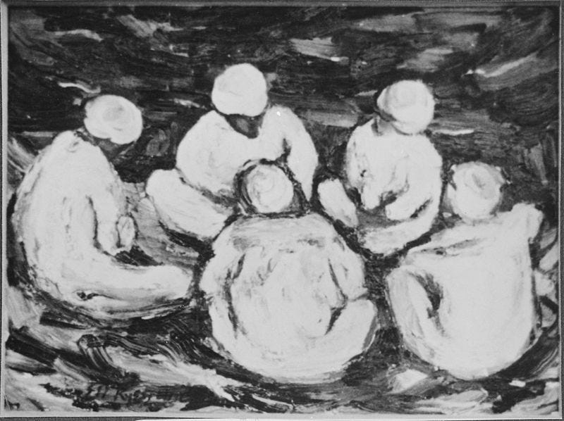 A black and white oil painting of a group of indistinct people sitting in a circle