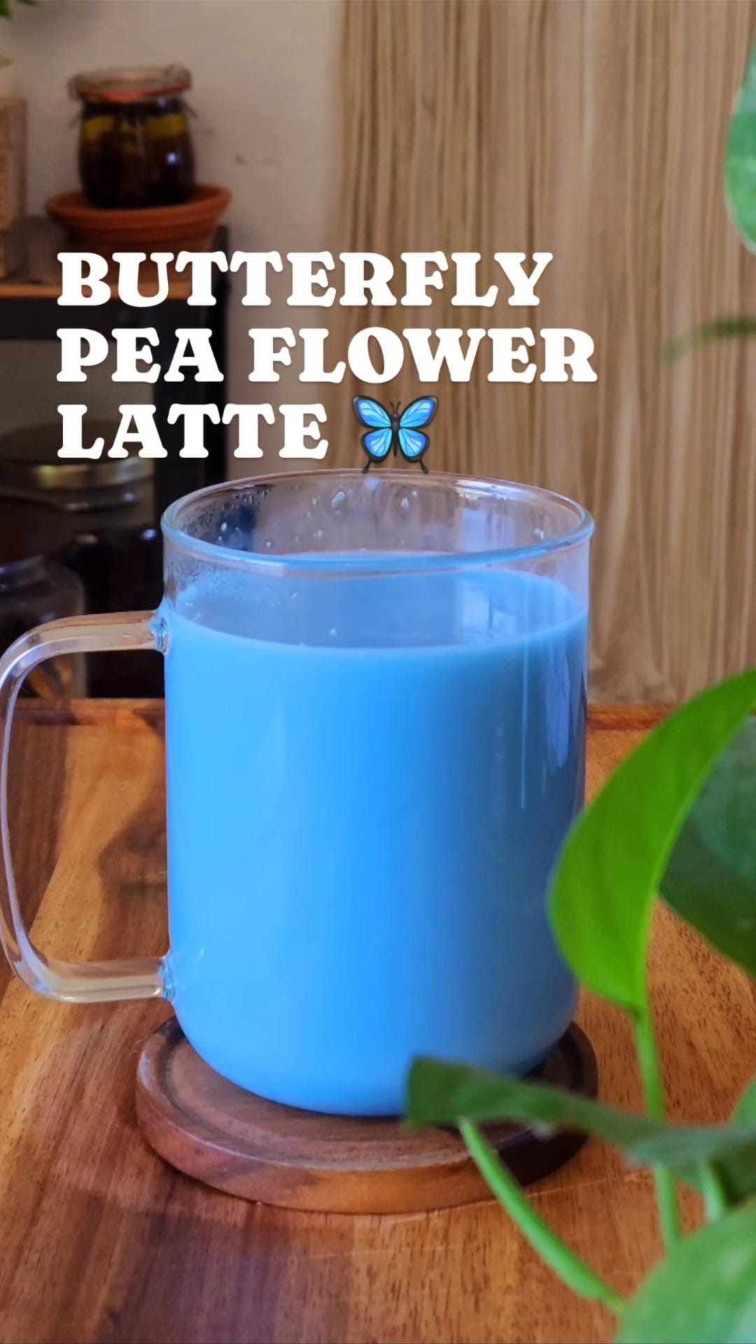 butterfly pea flower tea in a clear mug.