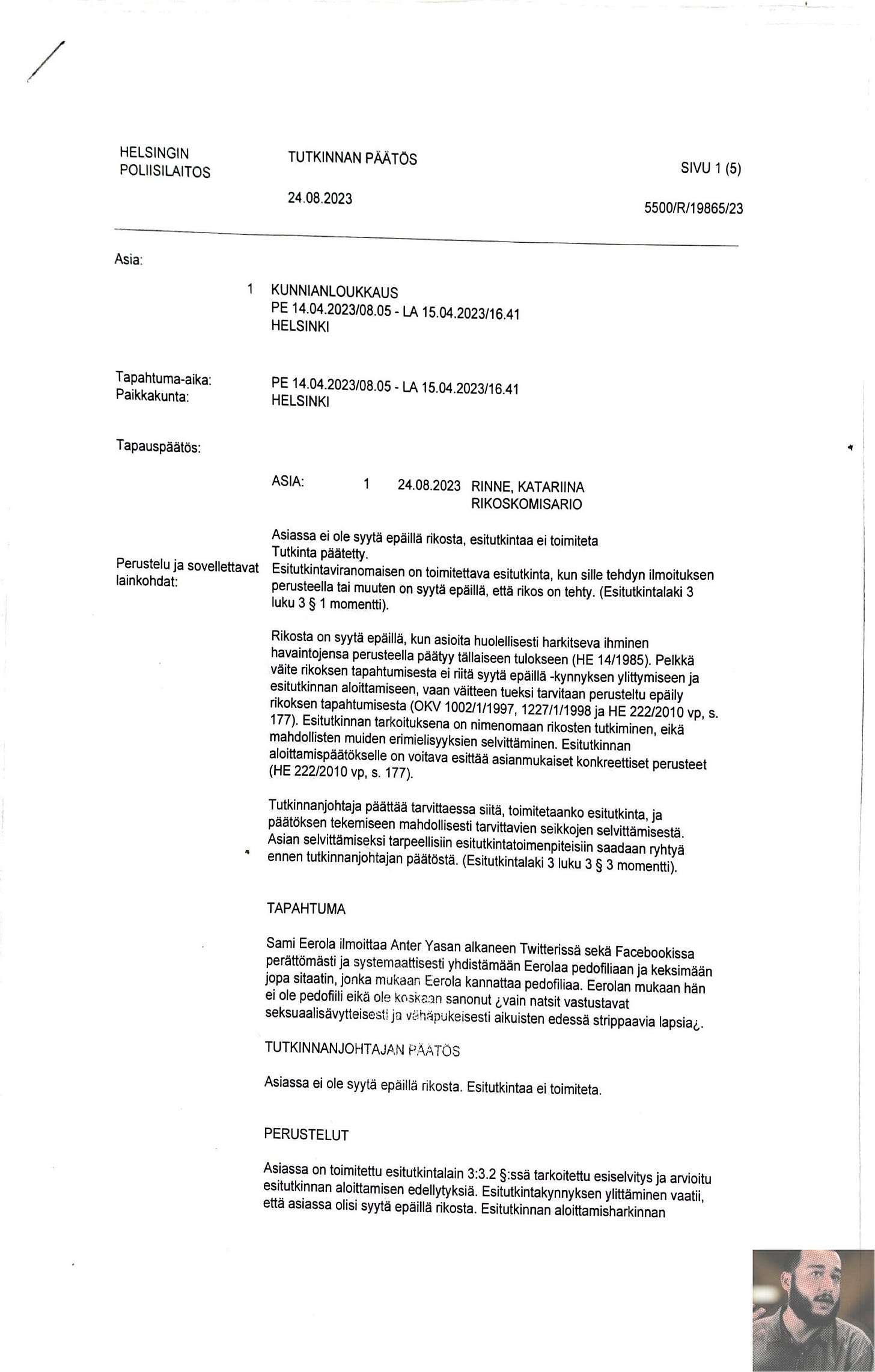 Helsingin poliisin 24.08.2023 tutkinnan päätös ja selostus Eerolan tekemästä rikosilmoituksesta.