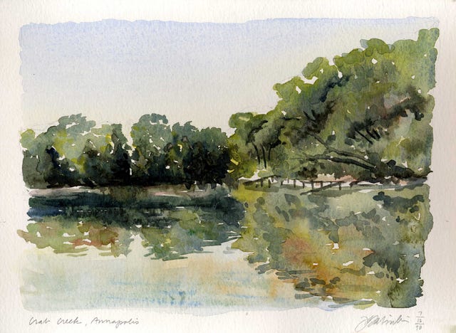 watercolor painting of trees reflected in water, shades of greens and blues