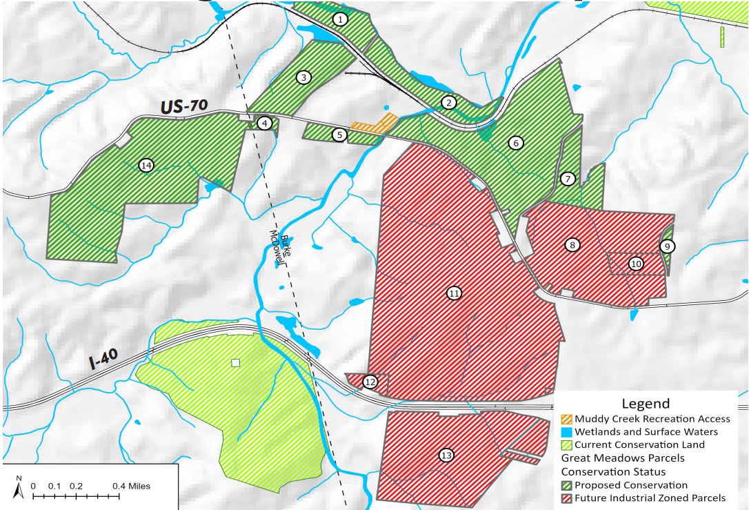 Parcel map of the Great Meadows Megasite, give of which would be zoned for future industrial use while the remaining nine would be conserved permanently.