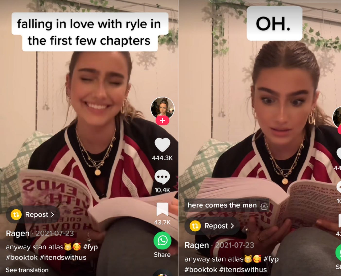 TikTok user smiling under text that says "falling in love with Ryle in the first few chapters." In the next image, the same TikToker has read further into the book. The caption says "Oh" as they look at the book, shocked. 