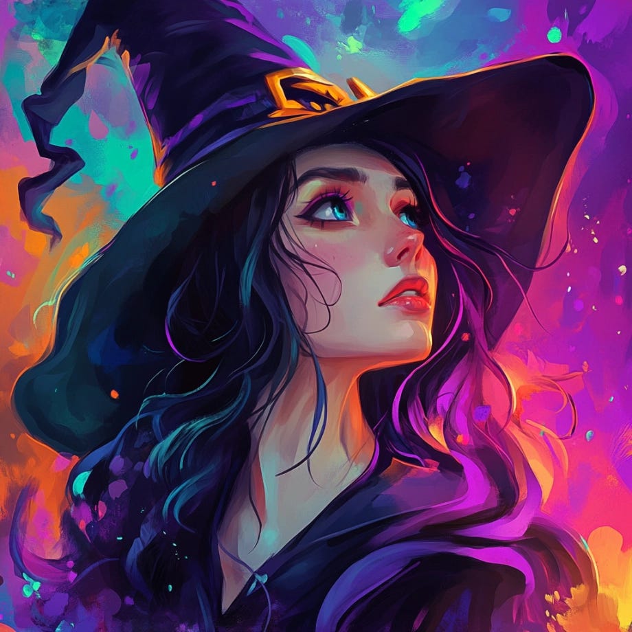 Colorful portrait of a young witch gazing upwards, wearing a black hat against a vibrant, magical background