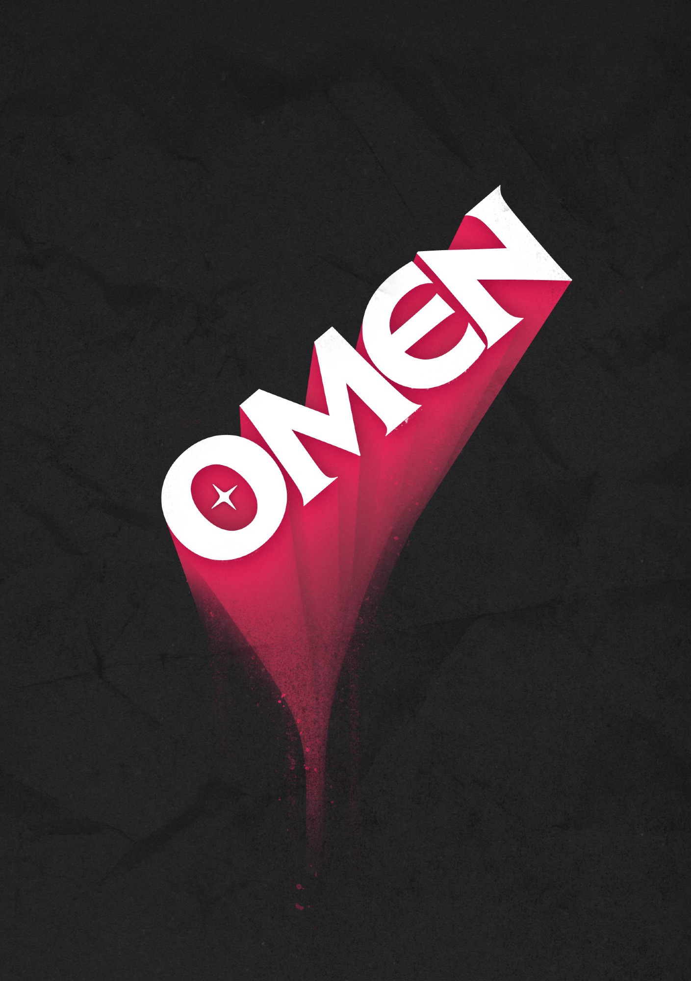 The word omen with red sand textures pouring down a dark background