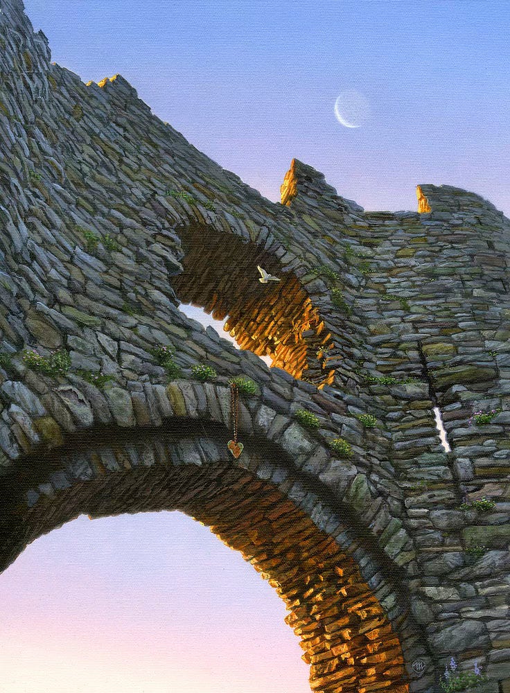 Low angle view of a dove flying through the windowed opening set above the entrance to the ruins of an abbey. Moss and wildflowers grow along the rough wall of uneven stone. The top of an archway—cropped in the immediate foreground as if providing a view directly over the viewers head—catches the golden light of sunset. A weathered copper heart hangs from a chain over the archway. A crescent sliver of moon shines in the lavender and blue sky above it all.