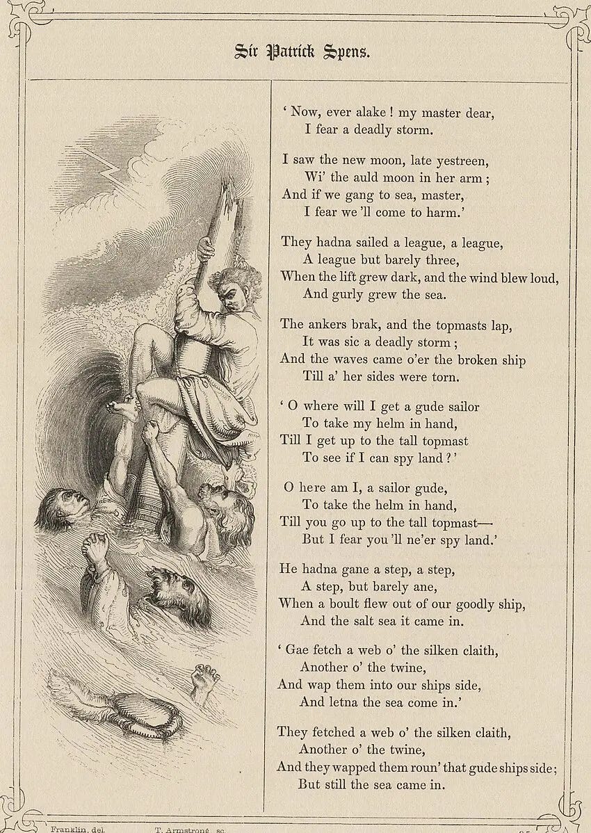 A page of "The Book of British Ballads," 1842, by S. C. Hall, that depicts part of the ballad of Sir Patrick Spens. (Public Domain) A page of "The Book of British Ballads," 1842, by S. C. Hall, that depicts part of the ballad of Sir Patrick Spens. (Public Domain)