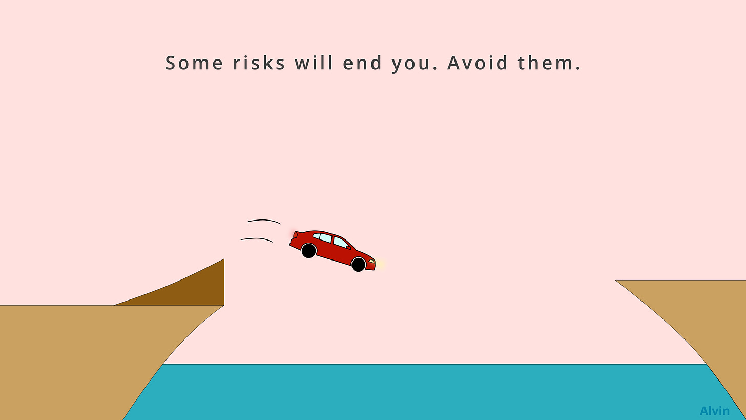A red car flies off a ramp into the sea. Some risks will end you. Avoid them.