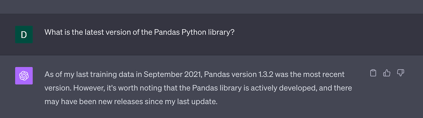 ChatGPT being prompted with the question "what is the latest versio of the pandas python library?"
