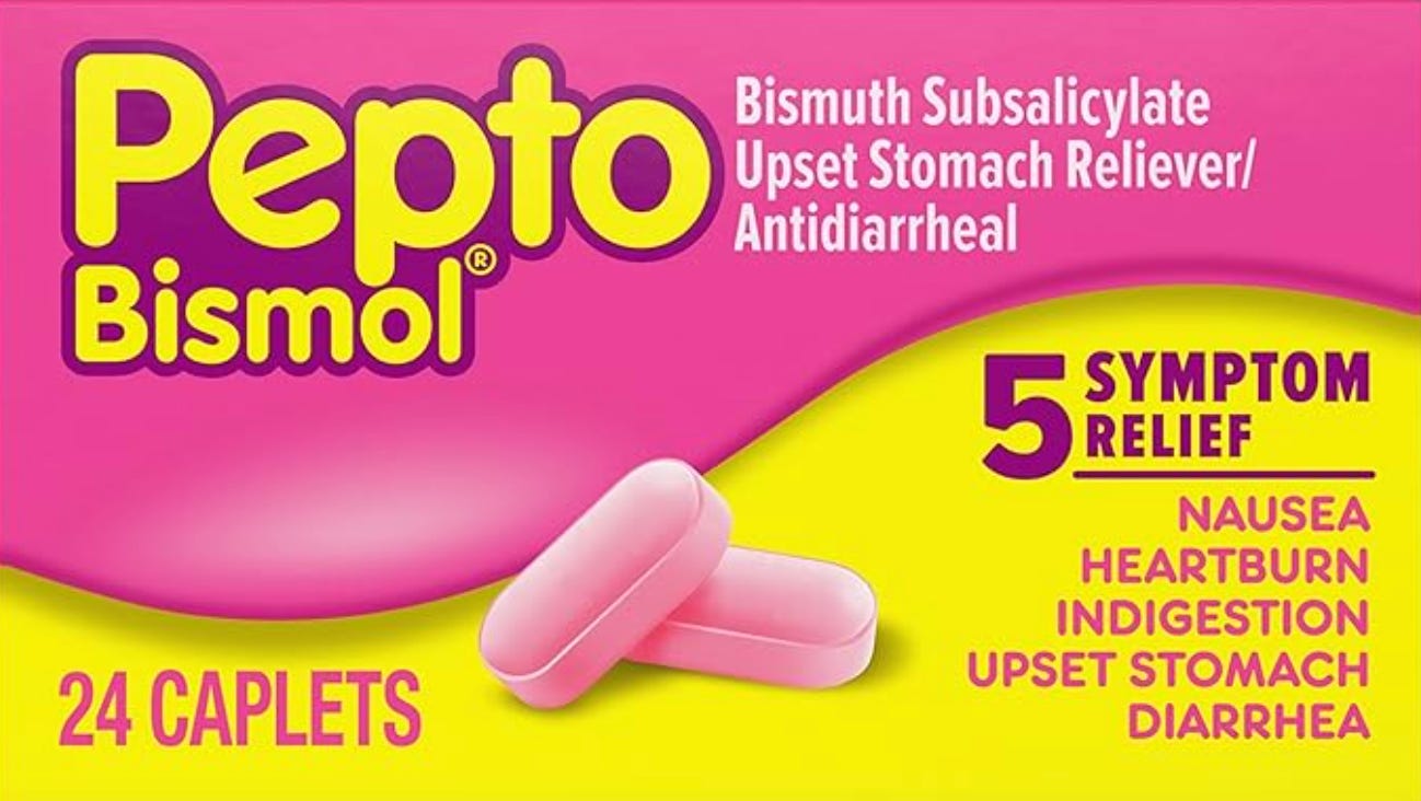 Box cover for pepto bismol pills