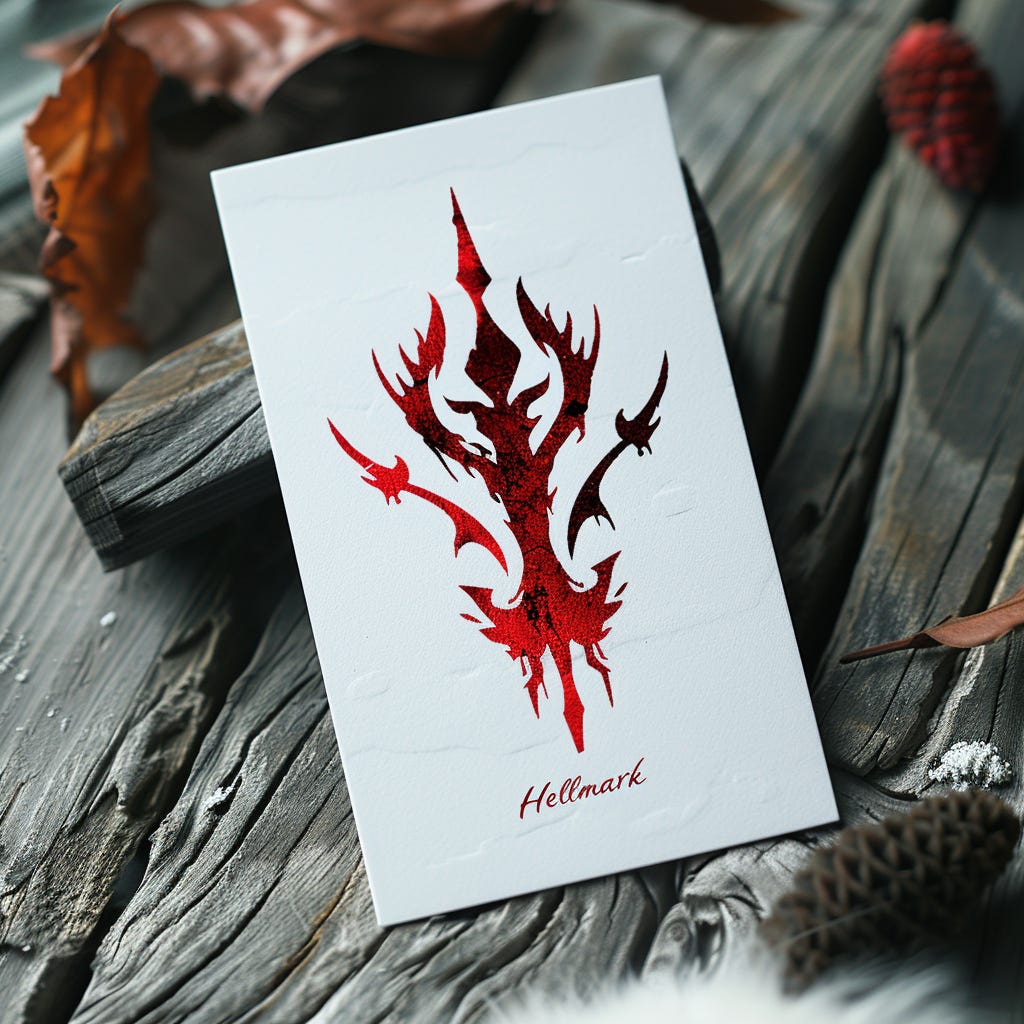 The image depicts a greeting card placed on a wooden surface with a rustic feel. The card features a striking red, abstract design that resembles a stylized flame or perhaps a fantastical creature with various spikes and curves. The design has a drip effect at the bottom, giving it an appearance of being freshly painted or bleeding. Below the red design, the word "Hellmark" is written in a simple, elegant black font, which plays on the name of a well-known greeting card company, suggesting a humorous or edgy twist. The background includes a grey wooden texture with natural elements scattered around, such as a dried leaf, a pinecone, and what appears to be a feather, which complement the card's overall aesthetic.