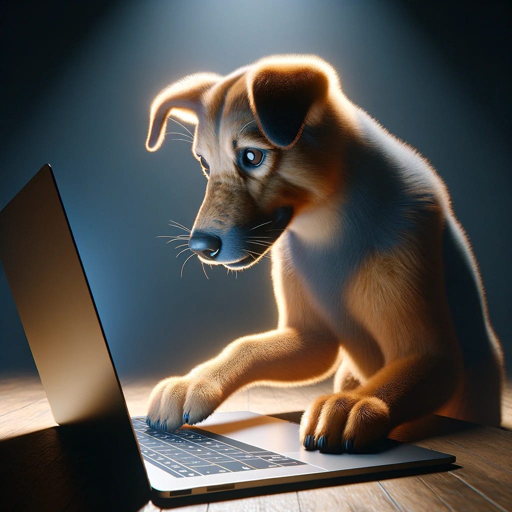 A photorealistic image of a dog using a laptop in a studio setting, illuminated by professional studio lighting. The dog is attentively looking at the screen, with its paws on the keyboard, as if it is typing or browsing. The environment around the dog is minimal, focusing the viewer's attention on the dog and the laptop. The lighting highlights the dog's fur texture and the laptop's details, creating a striking contrast between the natural and the technological.