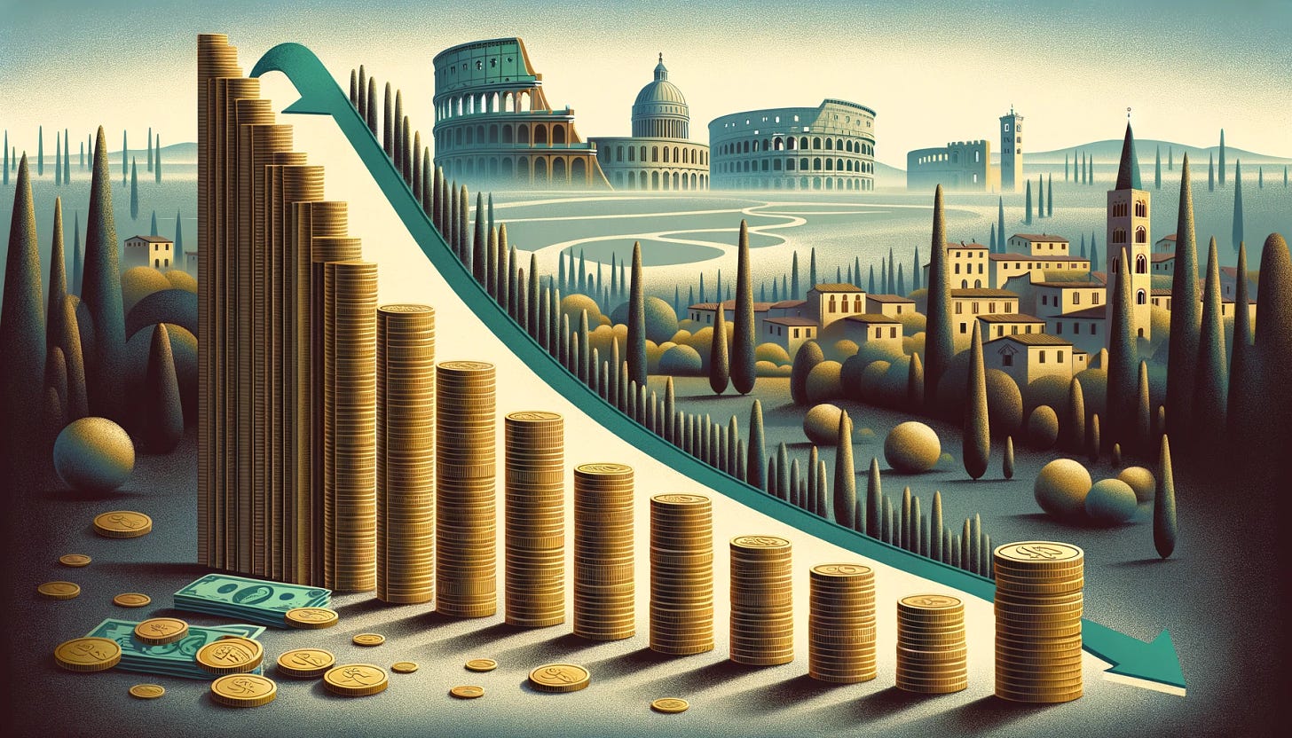 Create a horizontal rectangle image that visually represents the decrease in Italian credit collections on non-performing loans without using a graph. Imagine a series of falling coins and diminishing stacks of money along a downward path, symbolizing the decline. The path starts from the left, high with large stacks of coins and bills, and as it progresses to the right, the stacks become smaller and fewer in number, ending with just a few coins. The background should be a stylized Italian landscape, subtly integrating elements like the Colosseum or rolling hills of Tuscany in the far background, using soft, muted colors to keep the focus on the foreground. The overall tone should be sophisticated and convey a clear message of decline in a visually engaging manner.