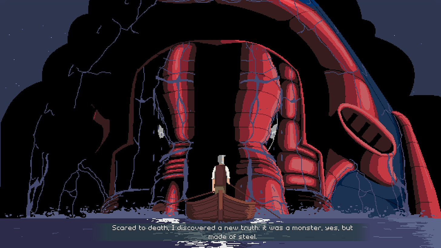An in-game screenshot of the demo of Verne: The Shape of Fantasy, showing Jules Verne on a boat as the Nautilus emerges from the depths like a giant monster. The caption says, "Scared to death, I discovered a new truth: it was a monster, yes, but made of steel."