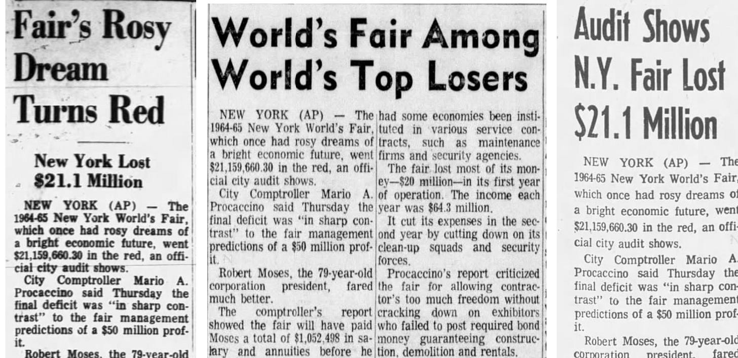 Headlines about financial losses at the NY World's Fair