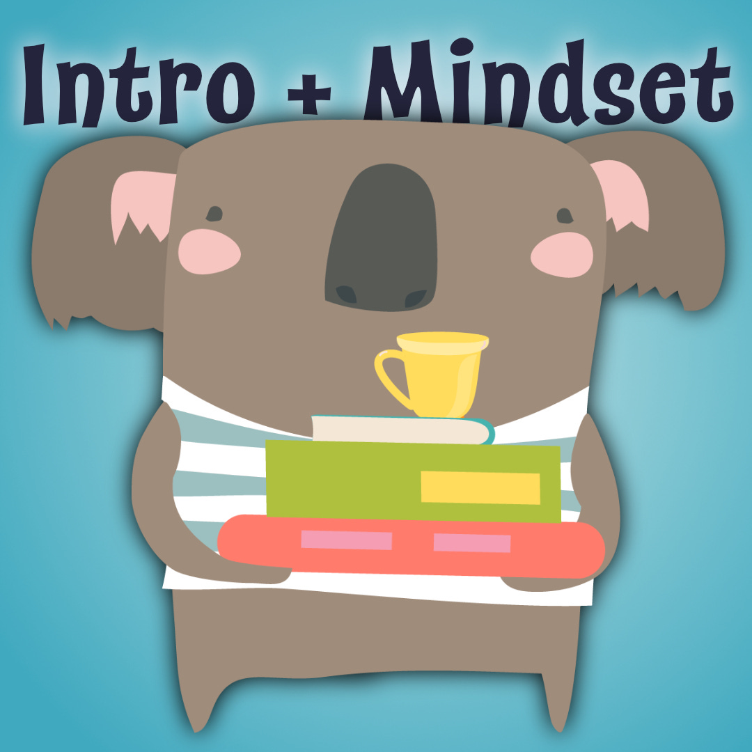 a cartoon koala bear holding books under text that reads Intro & Mindset