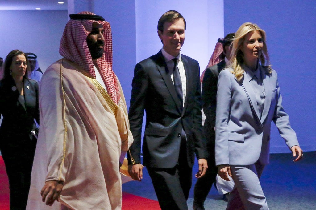 Saudi Arabia's Deputy Crown Prince Mohammed bin Salman escorts White House senior advisor Jared Kushner and his wife White House senior advisor Ivanka Trump at the Global Center for Combatting Extremist Ideology in Riyadh, Saudi Arabia May 21, 2017.