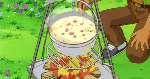 A screenshot from the Pokemon anime, featuring a white-ish vegetable soup