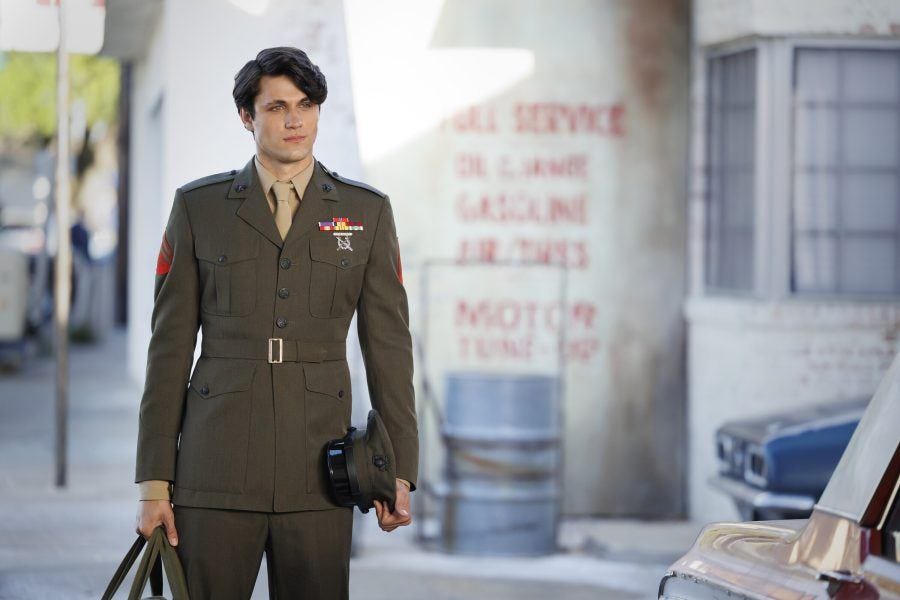 Robert Drake in army drag for The Winchesters going to Vietnam