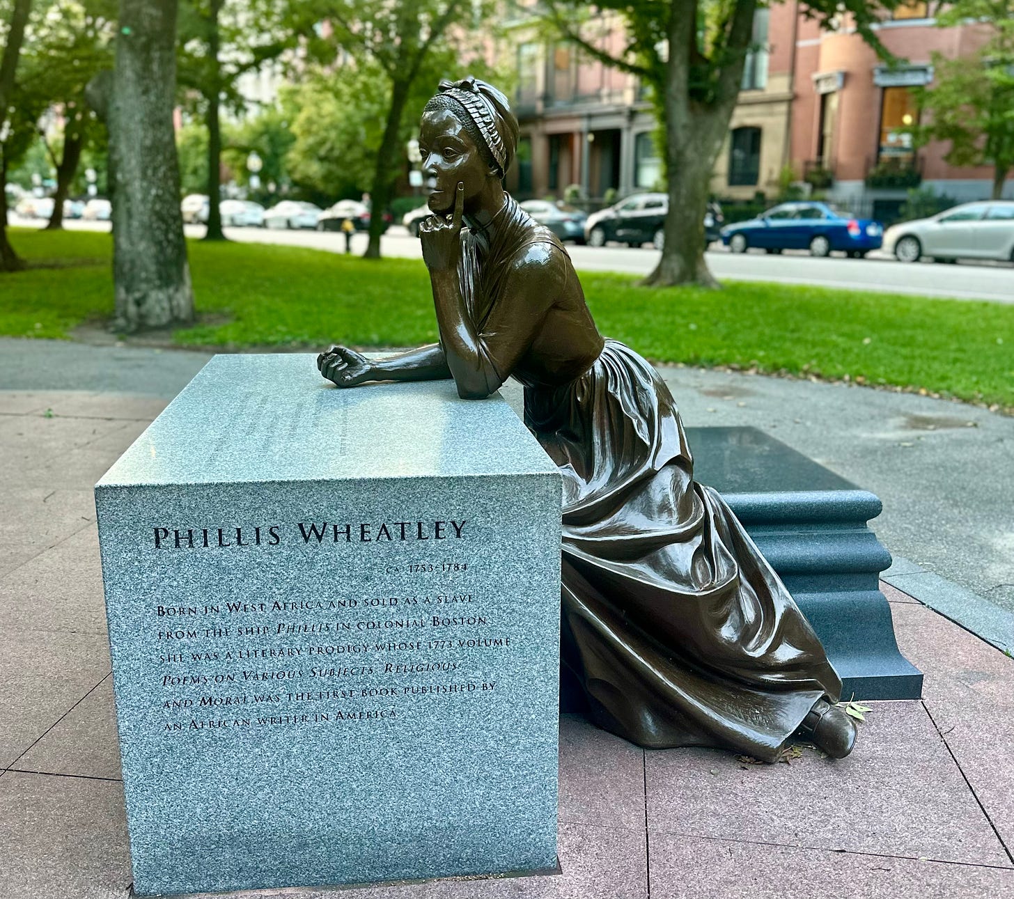 Statue of Phillis Wheatley as part of the Boston Women’s Memorial; Commonwealth Avenue Mall; Author Photograph; September 19, 2023