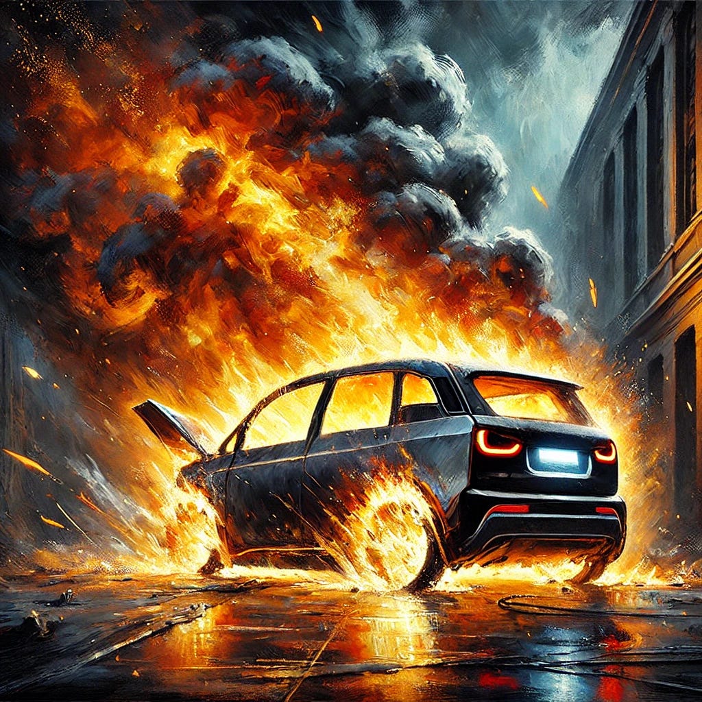 A dramatic oil painting of an electric vehicle (EV) on fire, depicting the phenomenon of thermal runaway. The EV is engulfed in intense, vivid flames with hues of orange, red, and yellow, contrasted against dark smoke billowing upward. Sparks and glowing embers scatter around the scene, emphasizing the uncontrollable nature of the fire. The vehicle's battery compartment glows with a fiery white-hot intensity, symbolizing the core of the runaway reaction. The background is a muted urban or industrial setting, with shadows and reflective surfaces amplifying the drama. Bold, textured brushstrokes and vibrant colors enhance the chaos and urgency of the scene.