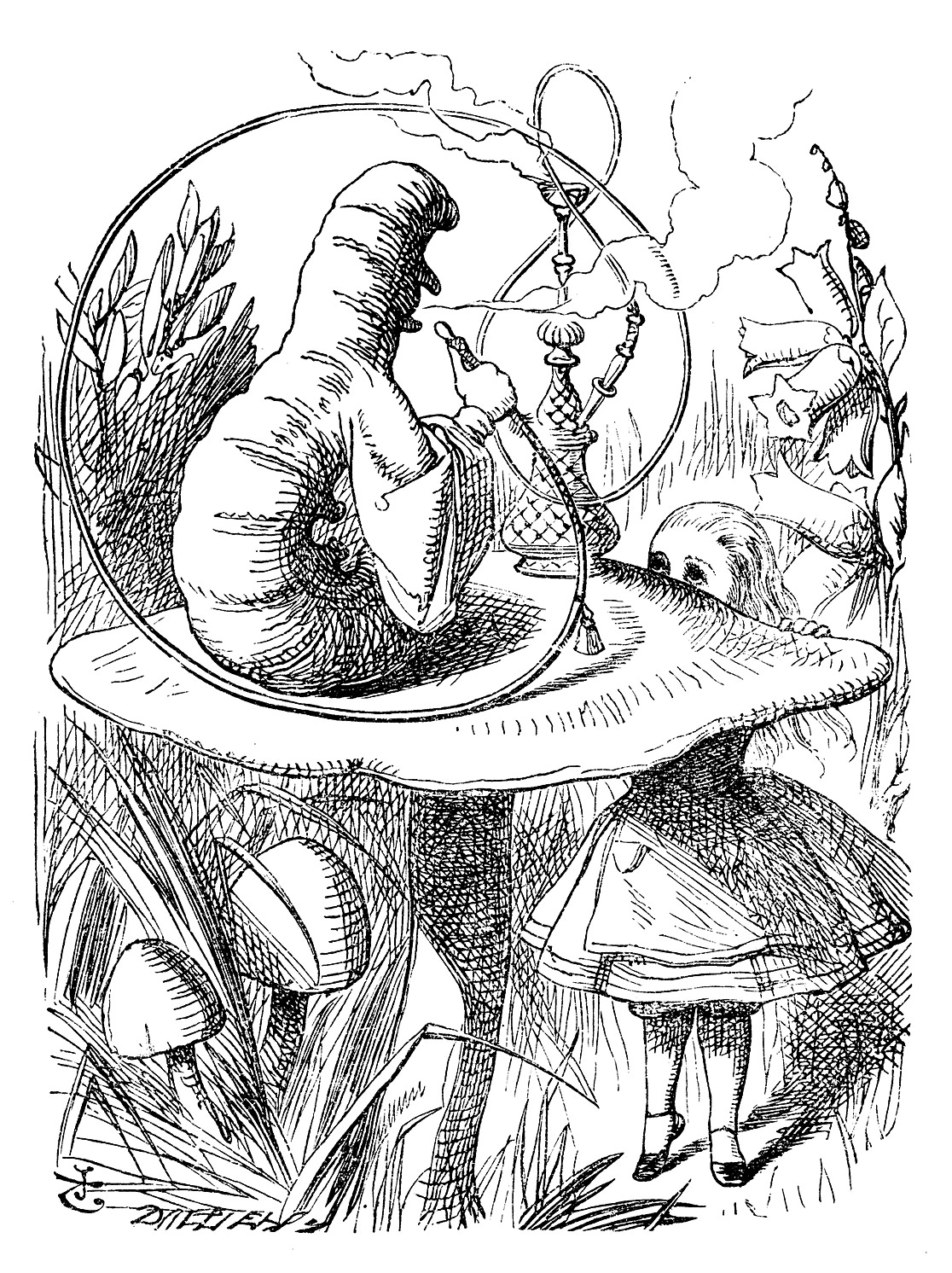 a small girl looking up at a large caterpillar smoking a hookah -- all drawn in black and white