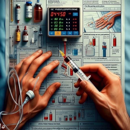 An image based on this text: The alarm started to beep as my patient’s blood pressure dropped to 84/50. I remember holding a vial of phenylephrine in my hand on my first day alone as an anesthesiology resident. I had never given the drug by myself before and I was mostly sure I was supposed to give 80mcg of the drug, but also not completely confident. So I looked up the side effects on my cheat sheet, then looked up how to dilute the vial. Then I had to find the right size syringe and label. By the time I finally drew up the right amount of medicine the patient’s blood pressure had recovered on its own.. Image 2 of 3