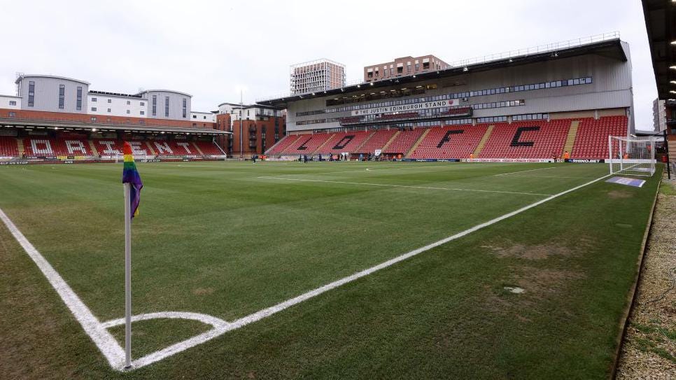 View of Leyton Orient's Brisbane Road from the corner flag.