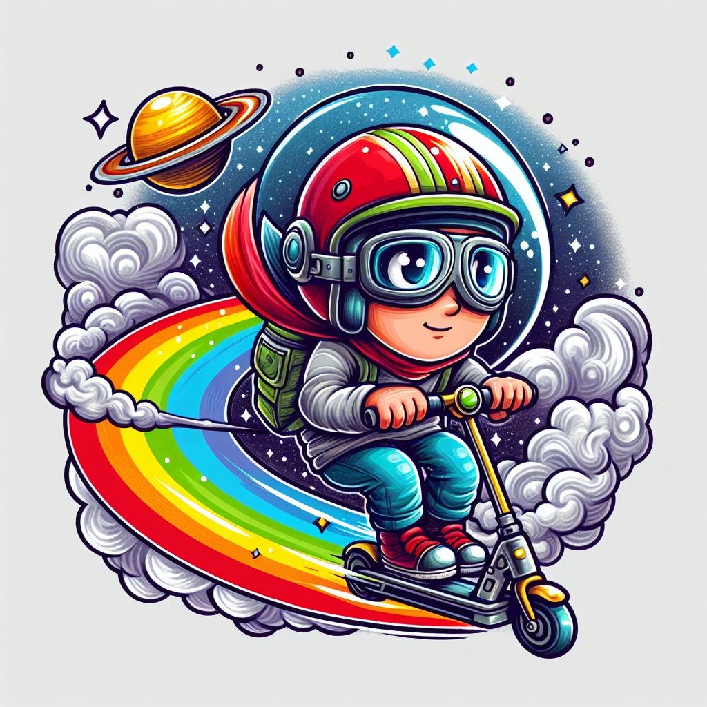 kid on scooter flying through space