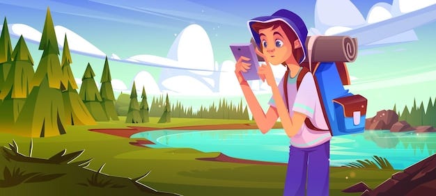 Free vector male tourist hiking near forest lake