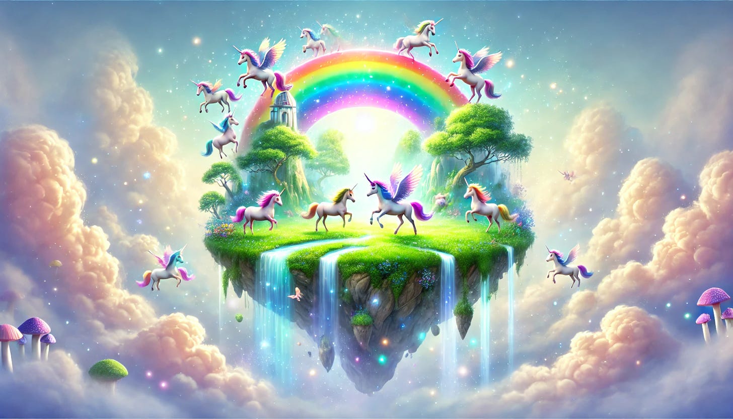 A serene fantasy illustration of a floating paradise island with a vibrant rainbow in the background. The scene features unicorns and colorful, playful ponies frolicking joyfully on the lush green meadows of the island. The island is surrounded by soft, glowing clouds and a bright, magical atmosphere with cascading waterfalls and ethereal trees. The style is whimsical and enchanting, evoking a sense of joy and wonder.