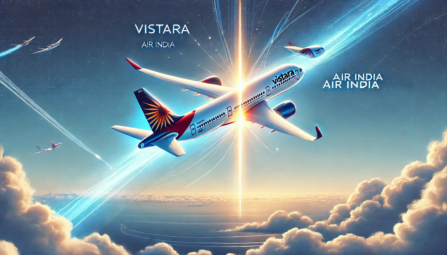 A conceptual illustration of the Vistara-Air India merger, symbolizing the union of two airlines. The image shows two airplanes, one with Vistara's logo and colors and the other with Air India's, merging mid-air into a single streamlined aircraft, set against a backdrop of a clear blue sky with soft clouds. The scene conveys a sense of collaboration and transformation, with elements like intertwined flight paths and glowing effects around the merging point. Include subtle text banners below the planes reading 'Vistara' and 'Air India' for identification.
