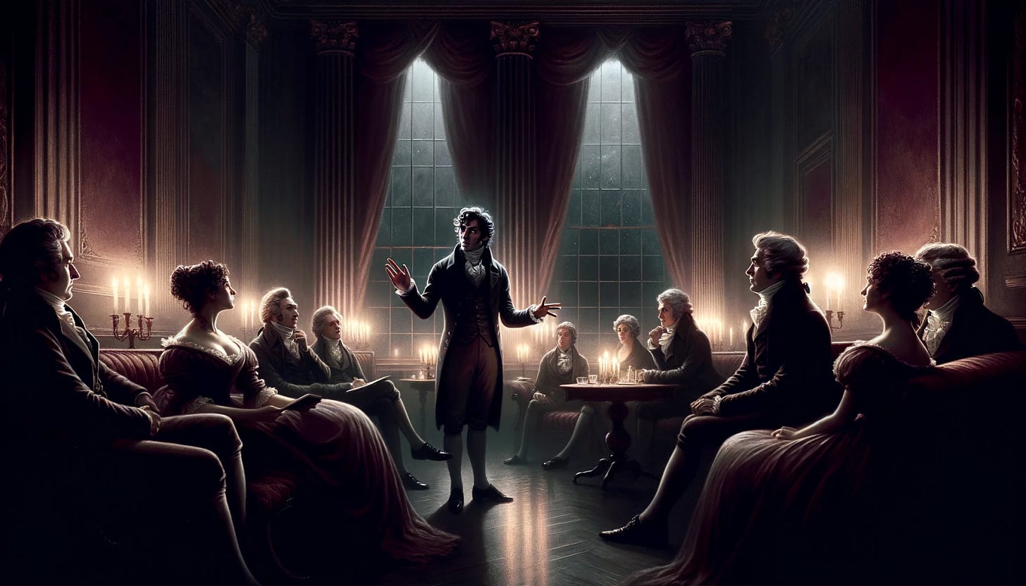 A Regency-era drawing room at night, darkly colored with maroon and grey tones, capturing an intense conversation. Samuel Alton, a passionate and enthusiastic gentleman, is depicted making a compelling pitch with animated gestures. He stands in the center, his face lit by the soft glow of a nearby candle. Lady Edith, a dignified woman in period attire, looks on with a mix of awe and ethical concern, her expression breathless. The room is opulently furnished, reflecting the era's style, with guests seated around, visibly engaged by the unfolding debate over the moral implications of playing God with technology. The atmosphere is both luxurious and tense, highlighted by dramatic lighting.