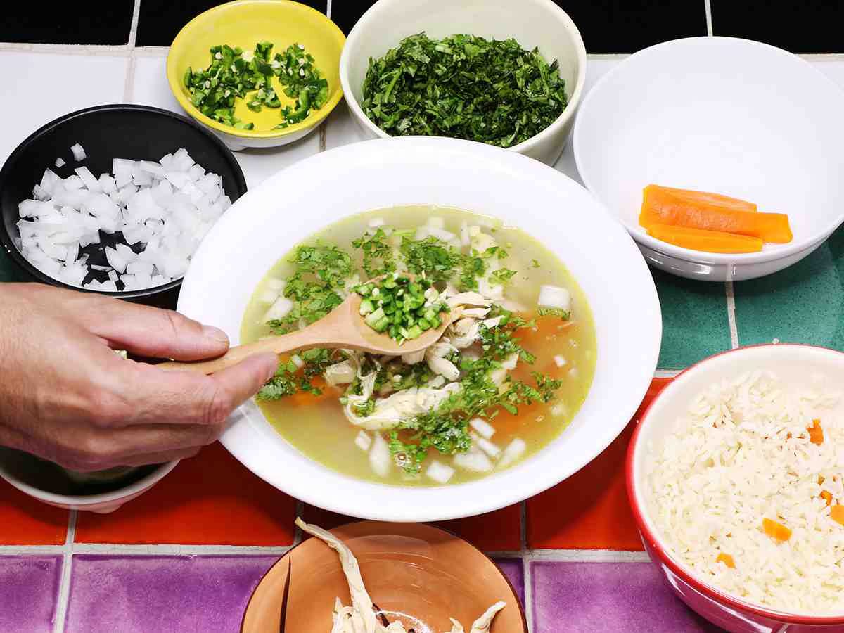 Topping Mexican Chicken Soup with Serrano Chili