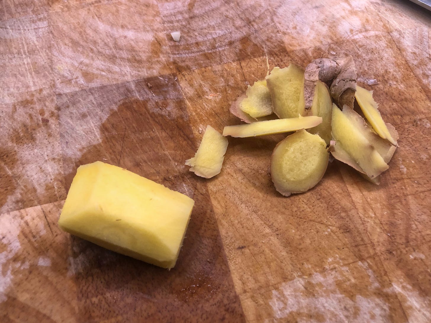 The same piece of ginger, now peeled by squaring off all of the protruding bits