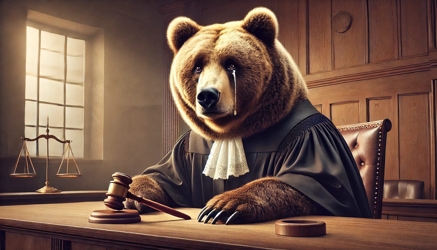 A bear in a courtroom dressed as a judge, wearing a traditional judge's robe, sitting behind a large wooden bench. The bear has a sorrowful expression, with tears welling up in its eyes and a paw wiping away a tear. The courtroom is detailed with wooden panels and a judge's gavel on the bench. The scene is set in an emotional atmosphere, with soft lighting emphasizing the bear's feelings. The bear is large and imposing, but its sadness is evident, creating a poignant contrast. Aspect ratio is 5:3.