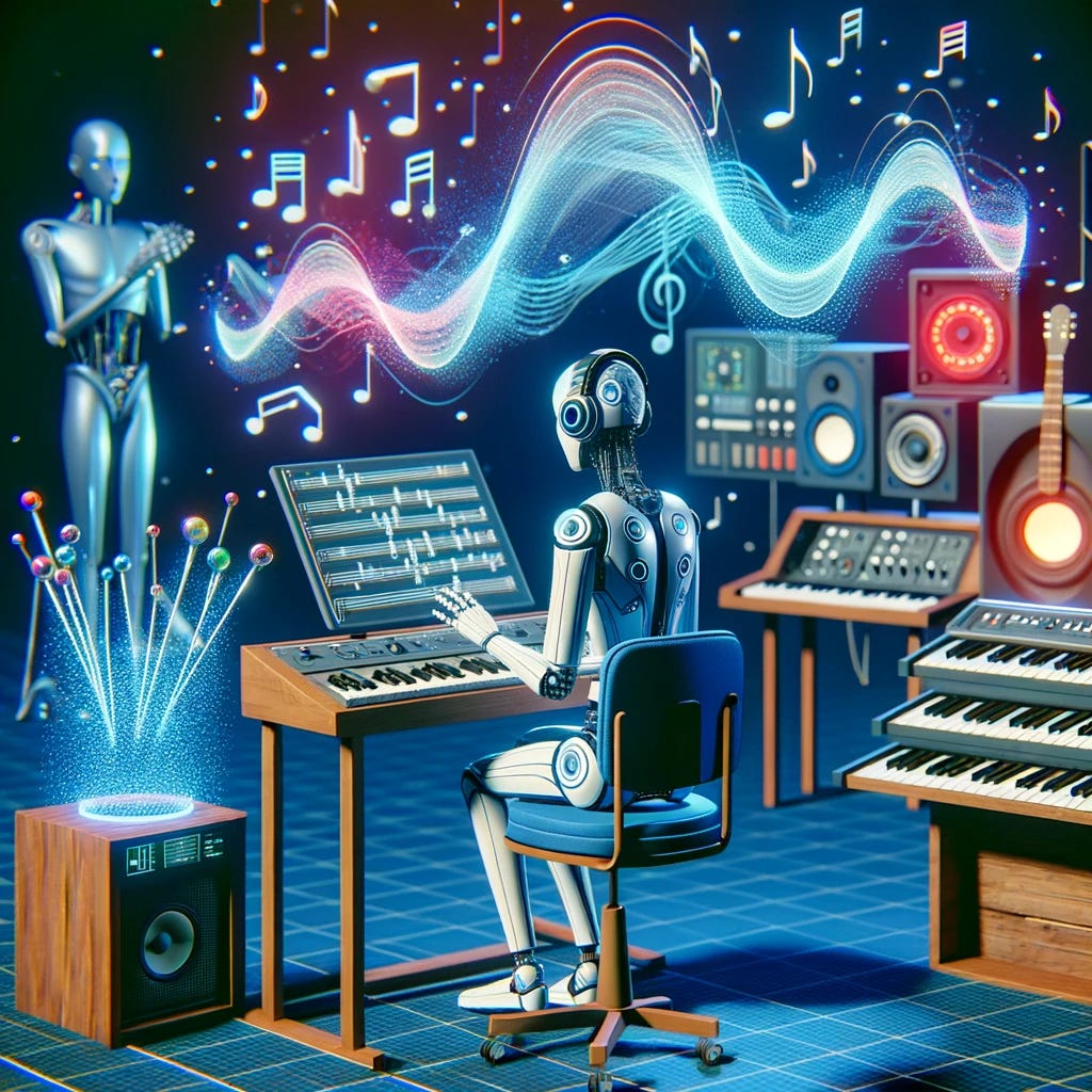 An AI entity composing music in a futuristic studio, surrounded by virtual instruments and holographic sound waves. The setting is vibrant, with a 3D cel-shaded aesthetic that accentuates the fusion of technology and artistry in music production.