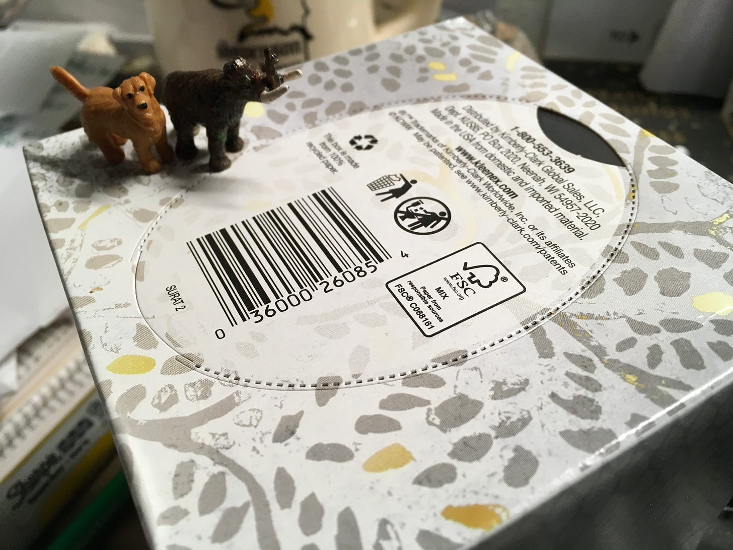 dog and elephant on kleenex box.