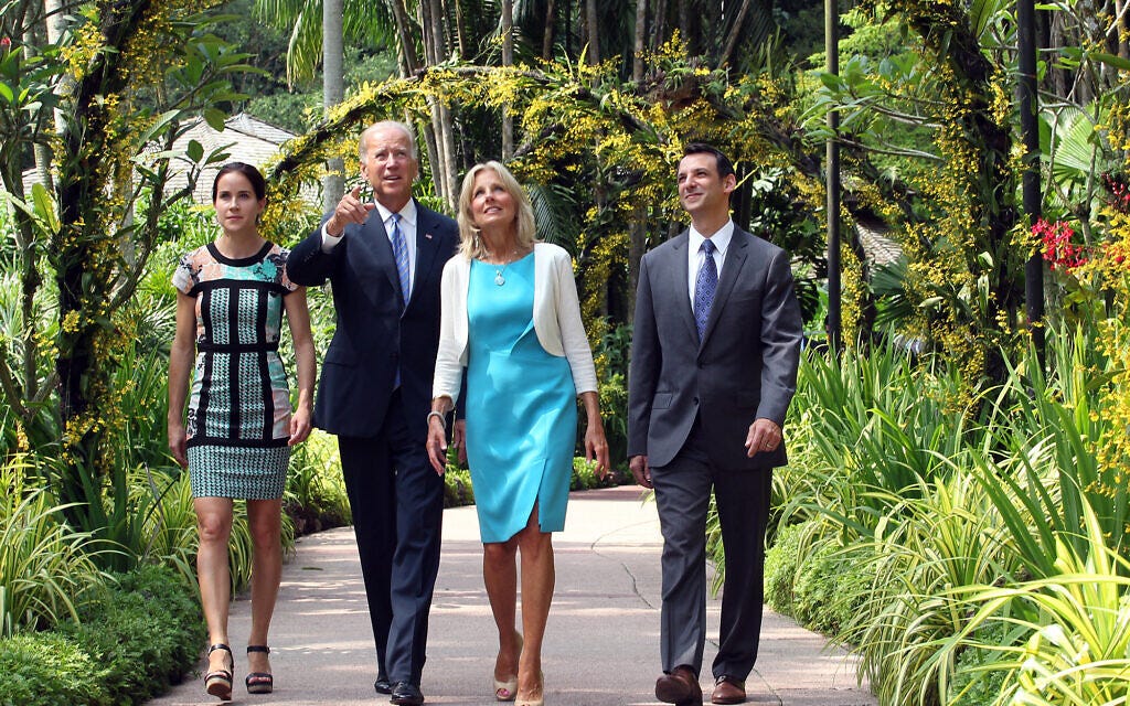 Illustrative: Then-vice president Joe Biden, second left, walks with his wife, Jill, second right, their daughter Ashley, left, and their son-in-law Howard Krein during their visit to the National Orchid Garden in Singapore, July 26, 2013. (AP Photo/Lau Fook Kong, The Straits Times)