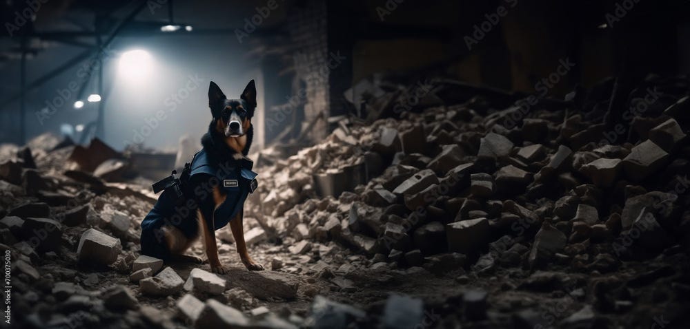 dog in a police uniform searches for people by scent in the ruins of a destroyed building. Rescue dog